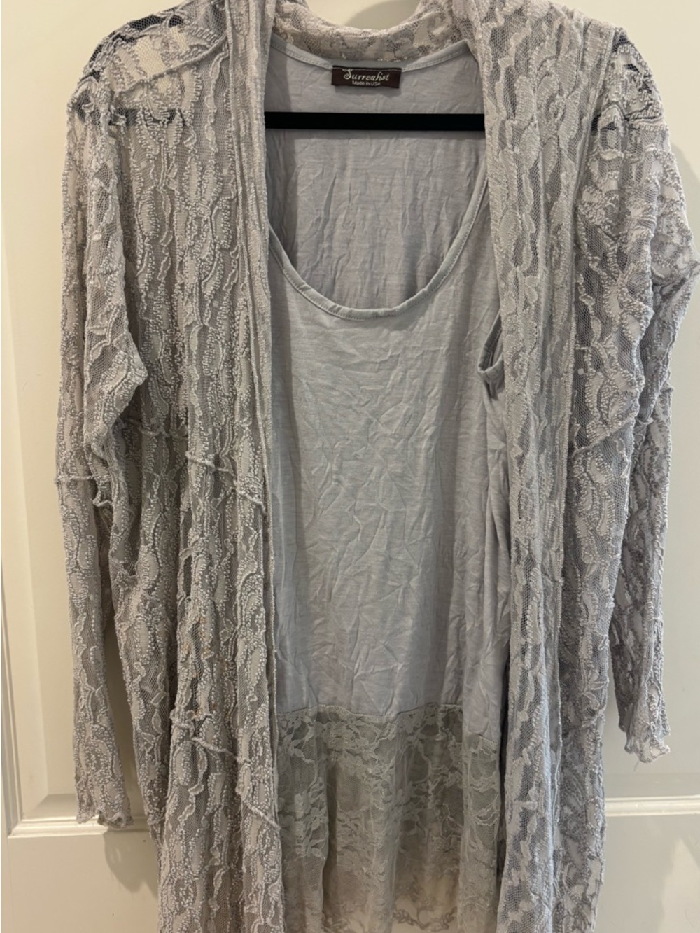 Surrealist Lace Open-Front Layered Tank and Cardigan Set - Light Gray